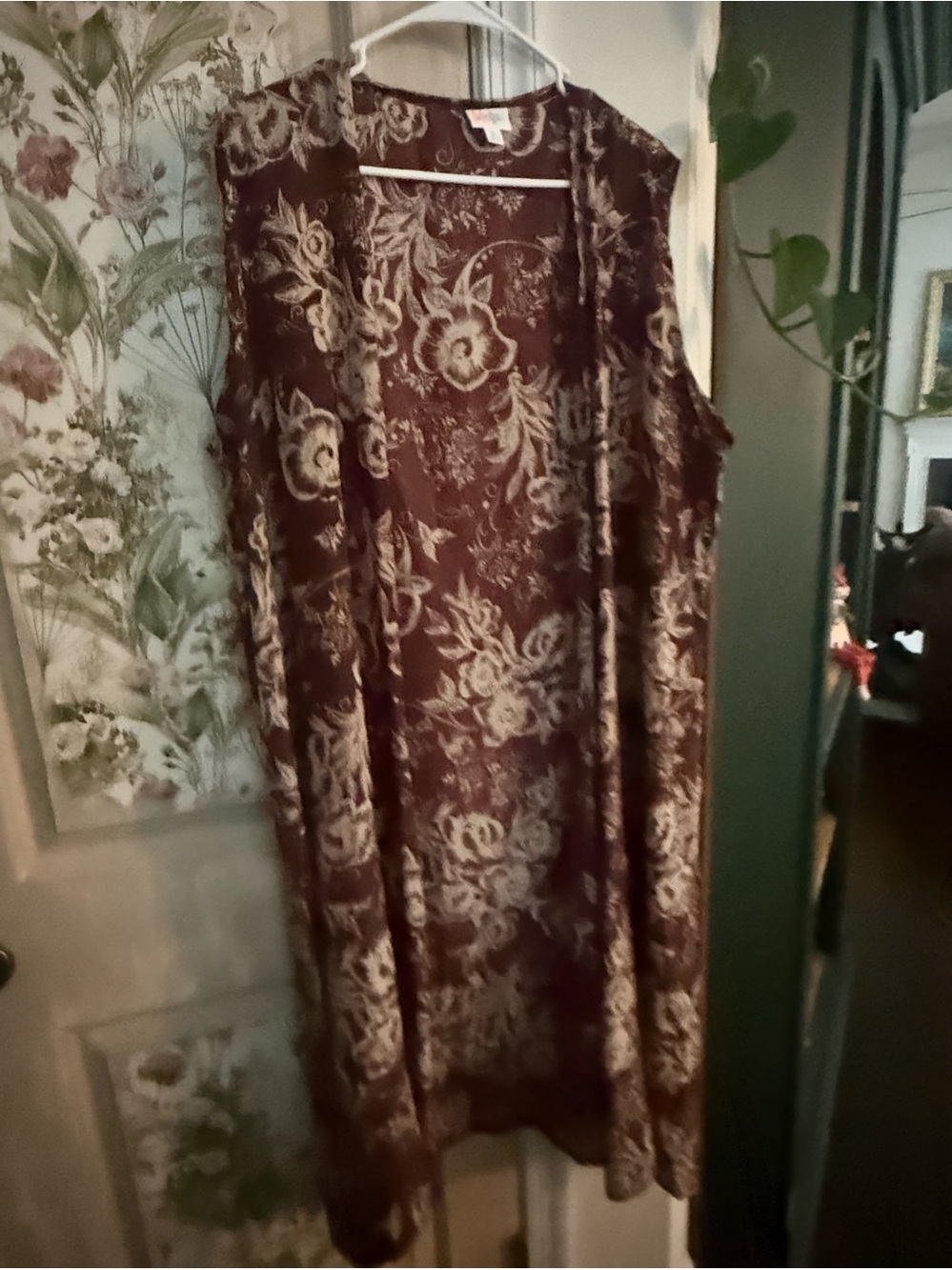 Long Floral Sleeveless Duster Vest in Burgundy and Cream